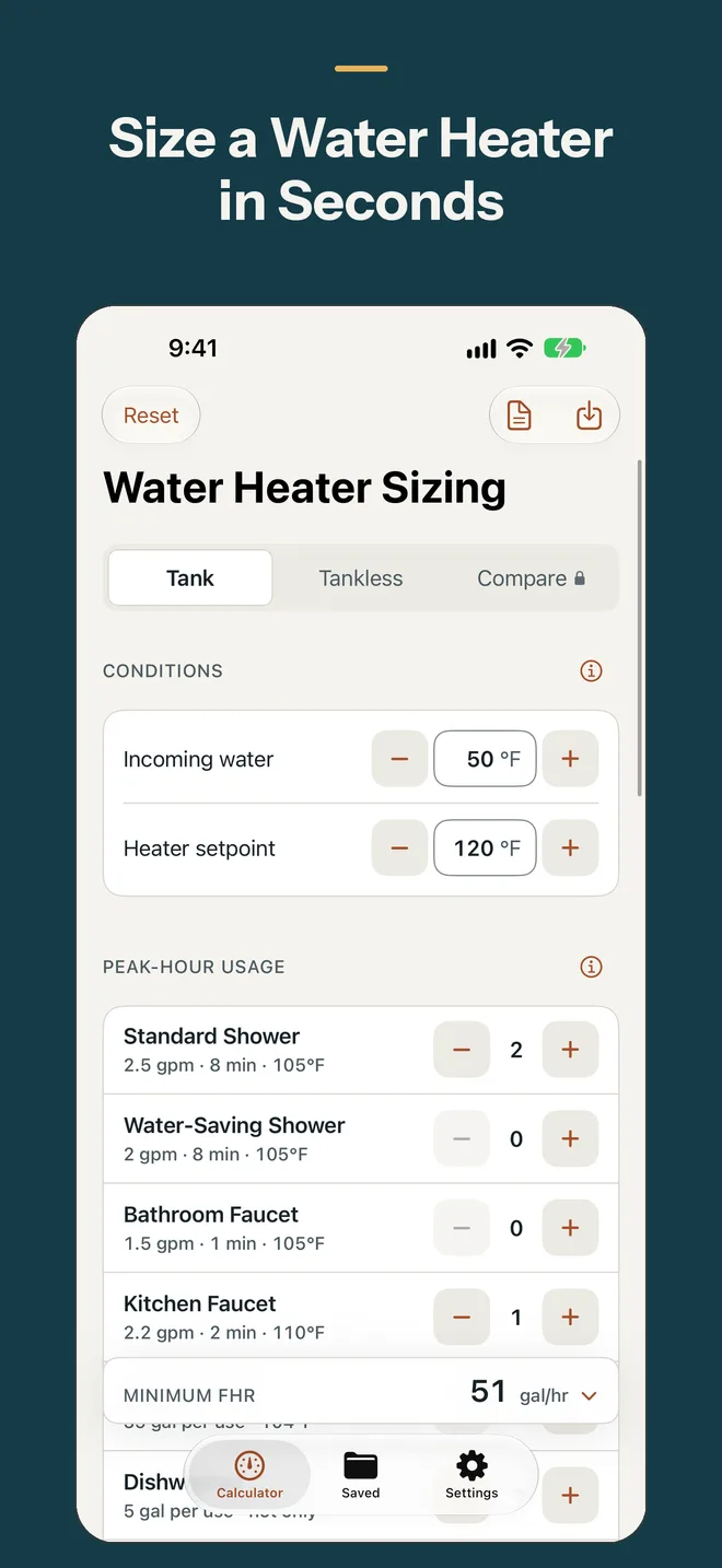 Screenshot of Water Heater Sizing Calculator on iPhone