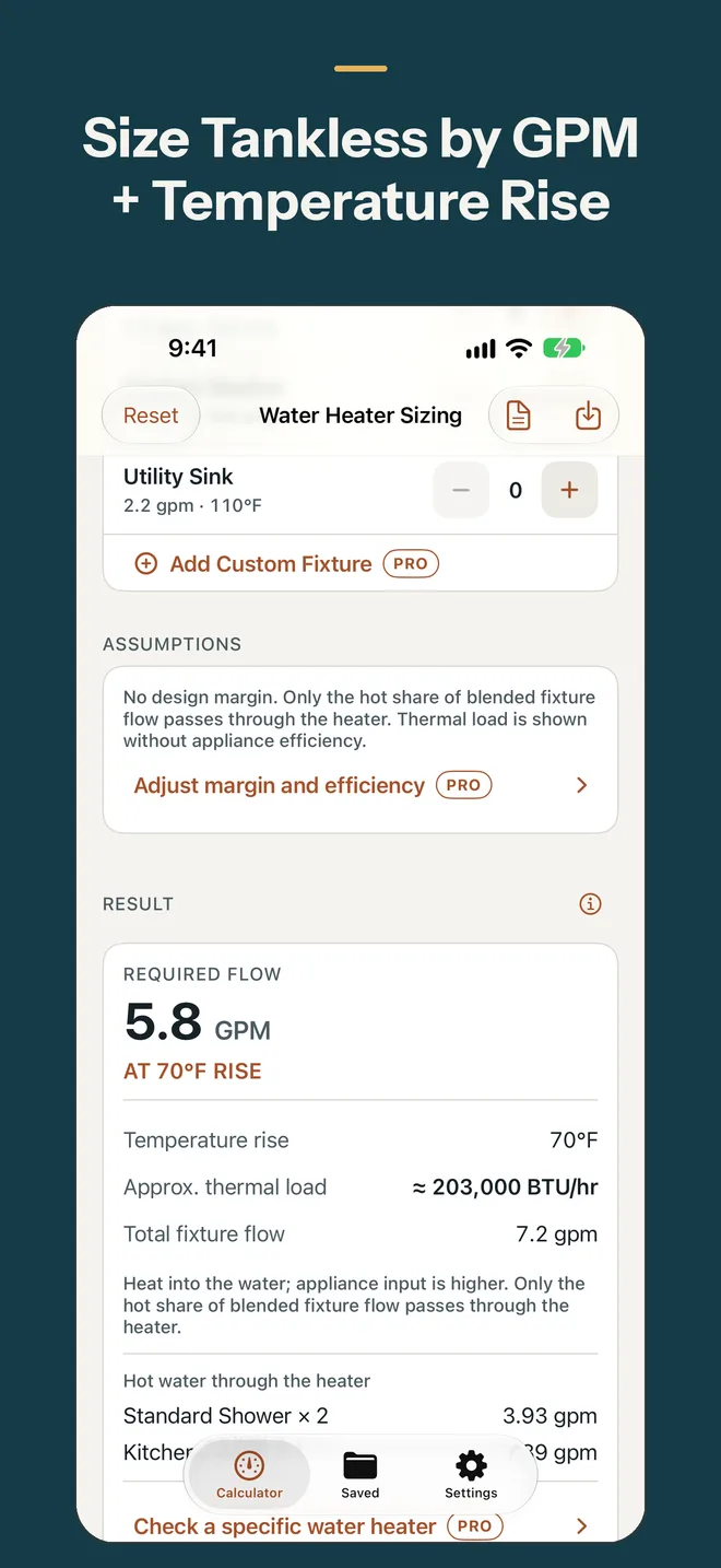 Screenshot of Water Heater Sizing Calculator on iPhone
